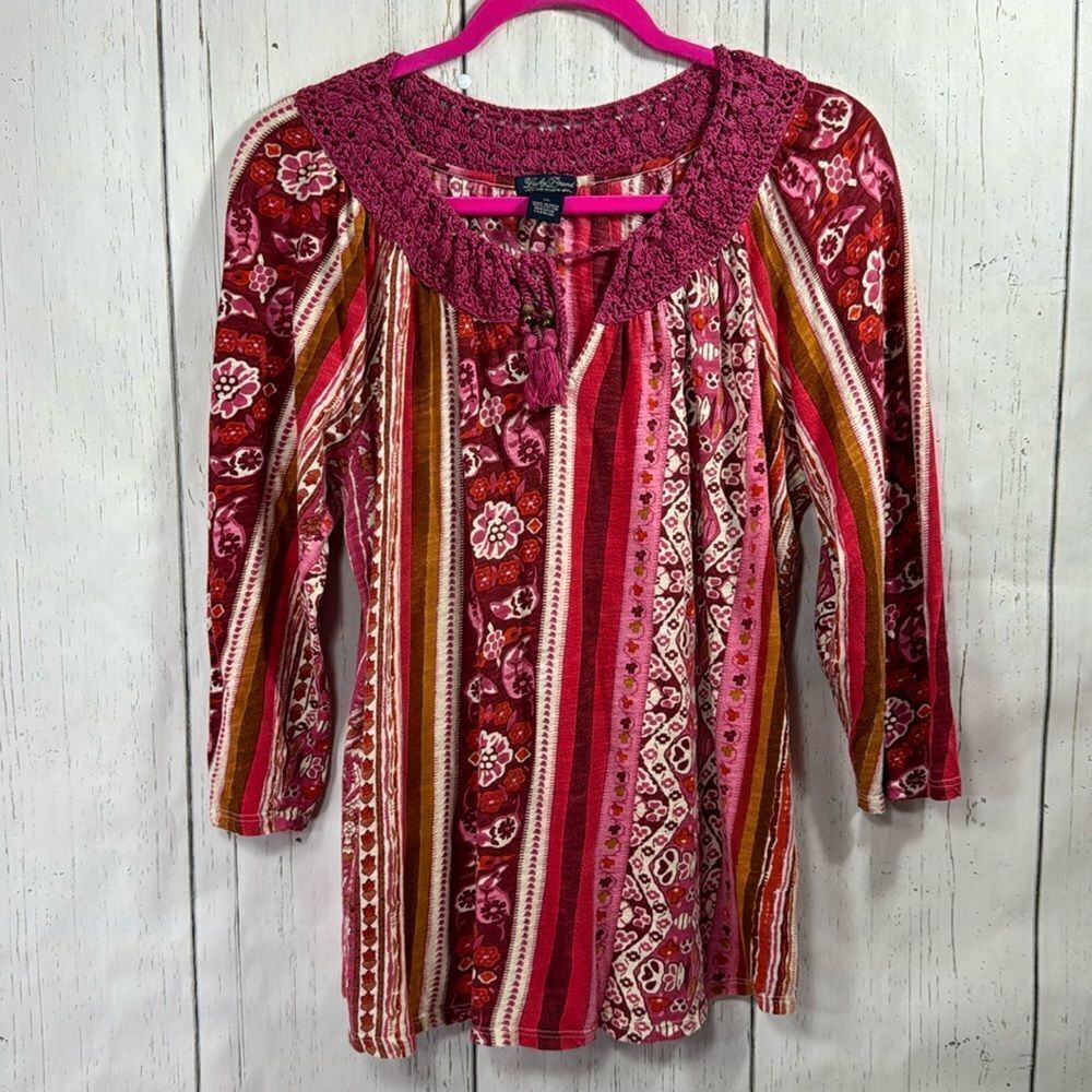 Lucky Brand Womens 3/4 Sleeve Floral Boho Crochet V Neck Peasant Tunic Top